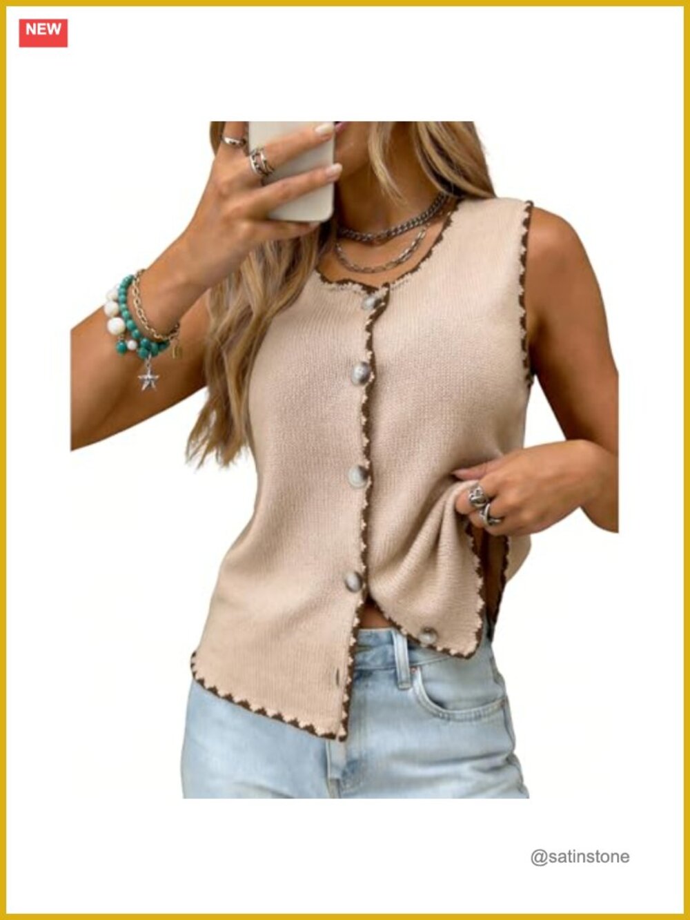 Sleeveless Knit Sweater Vest Button Down Color Block Top